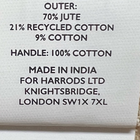 Harrods London Natural Jute Cotton Spacious Tote Book Bag - Picture 6 of 7